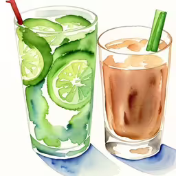 two watercolors illustrations, two drink with limes and ginger,there are two glasses with liquid in each one