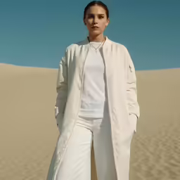 a woman is standing on sand dunes
