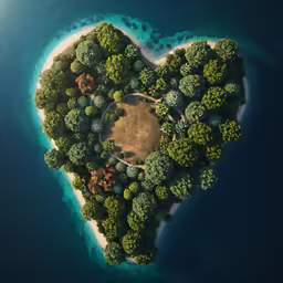an aerial view of a small island with a tree heart shaped on it
