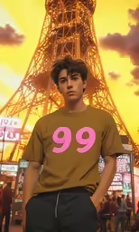 there is a boy that is standing next to a building