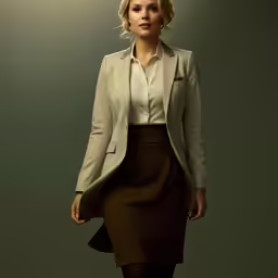 a woman in a brown skirt and a cream jacket