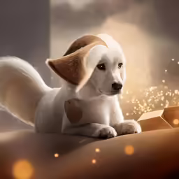 a dog with a little hat on his head is looking up at something in the sky