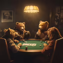 four teddy bears sitting around a table playing card game