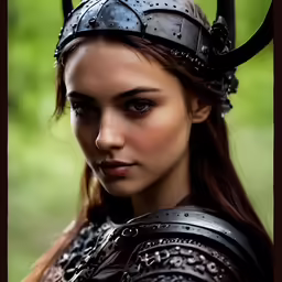 a woman with horns in armor looks directly into the camera