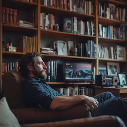 a man with long hair is sitting in front of the television