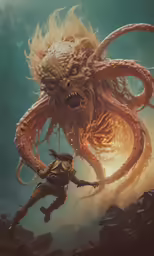 the demon creature in the background has been drawn and looks like he is going towards another creature