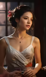 a woman wearing a dress and jewelry looks down
