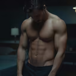 a shirtless man standing in front of a bed holding his hand over his pants
