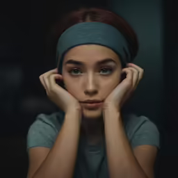 a girl is standing in the dark with her hands on her head