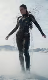 woman in wetsuit, standing in water, surrounded by bubbles