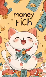 a white kitty that is holding money on its paws