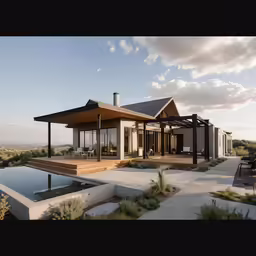 the modern residence has large windows and an expansive back deck