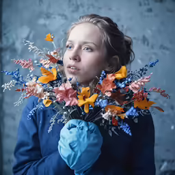a young woman holds a floral arrangement with small, orange, and blue flowers