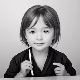 black and white photo of little girl holding a toothbrush