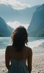 a girl in a gray dress is staring at the ocean