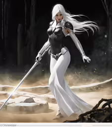 a woman dressed in white holding two swords