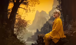 a woman in a yellow dress sitting on a rock