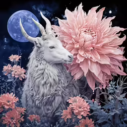 a goat is looking at a flower in front of a moon