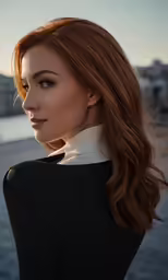 a woman with a black dress and white collar