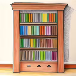 an image of a cartoon bookcase filled with books,the bookcase is made from wood with pastel colors on it,a drawing of an empty book shelf with multi colored books,drawing of book shelf with colored bookshelves on the shelves,a book shelf with books all over