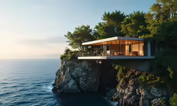 the house is on an island with a house attached to the cliff
