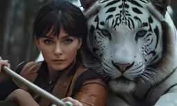 an attractive woman leaning against a white tiger