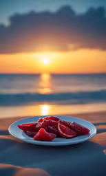 grapefruit slices sitting on the plate at sunset