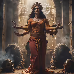 an african woman in costume stands before many skulls
