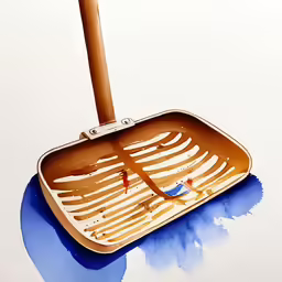 a blue brush with a wooden handle sits on the floor