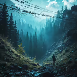 a lone person is standing in the dark woods