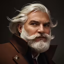 man with white beard and mustache, wearing a brown suit