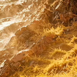 the sun shining on yellow mossy rocks