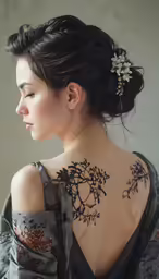 a woman wearing a black dress and tattoo on her back