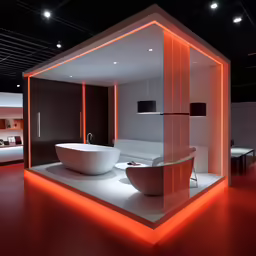 a bathroom that looks like an exhibit with red lighting
