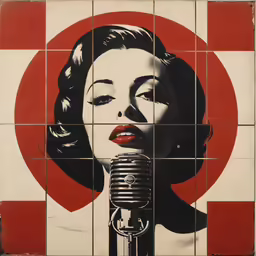 a retro woman talking into a vintage microphone in front of tile