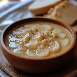 a bowl filled with a liquid that is next to a toast