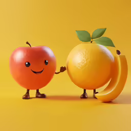 a big orange and a small apple both with their hands are facing each other