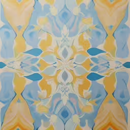 a painting of blue, yellow and white in an abstract form,a painting with lots of light and different patterns