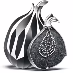 an artistic illustration of two stylized designs, one with pearls and a shell, one with a spirally shaped design