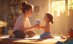a toddler sitting on a floor with her mother brushing her hair