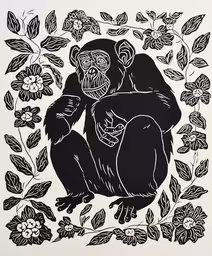 black ink painting on white paper, depicting a gorilla and a flower,black and white linoleum print of an animal hugging
