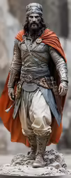 an action figure in armor and clothing walks on a pedestal