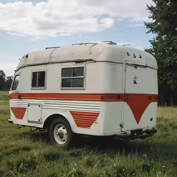a camper parked on the grass near some trees