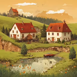 a painting of a house on a small hill,a painting of farm houses and boats