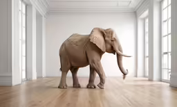 the large elephant is standing in the empty room