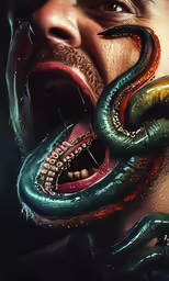 a man with his mouth open and a snake around his neck