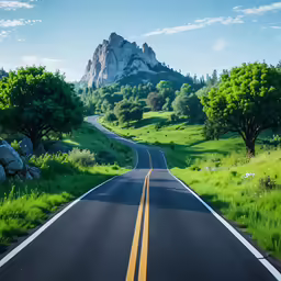 the road is long and empty between some trees