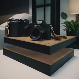 camera with a strap on it sitting on a table in front of a bed