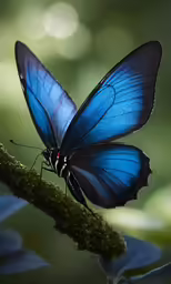 a blue butterfly sitting on a green plant