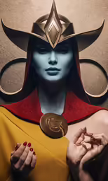 a woman with short brown nails, red cape and yellow dress wears a metal button